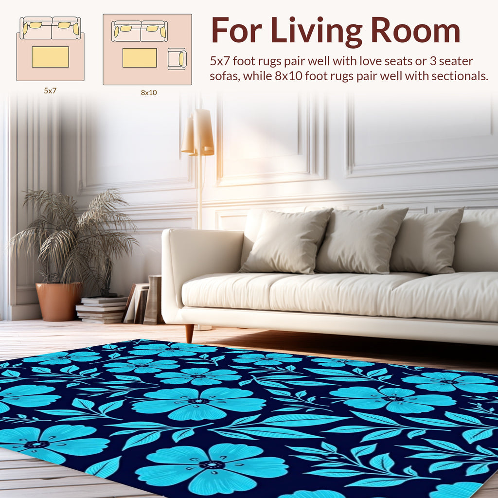 Bright Cyan Floral Dark Pattern Rug