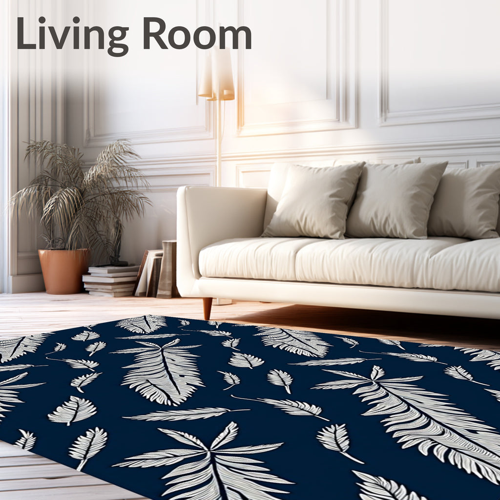 Navy White Feathered Foliage Rug