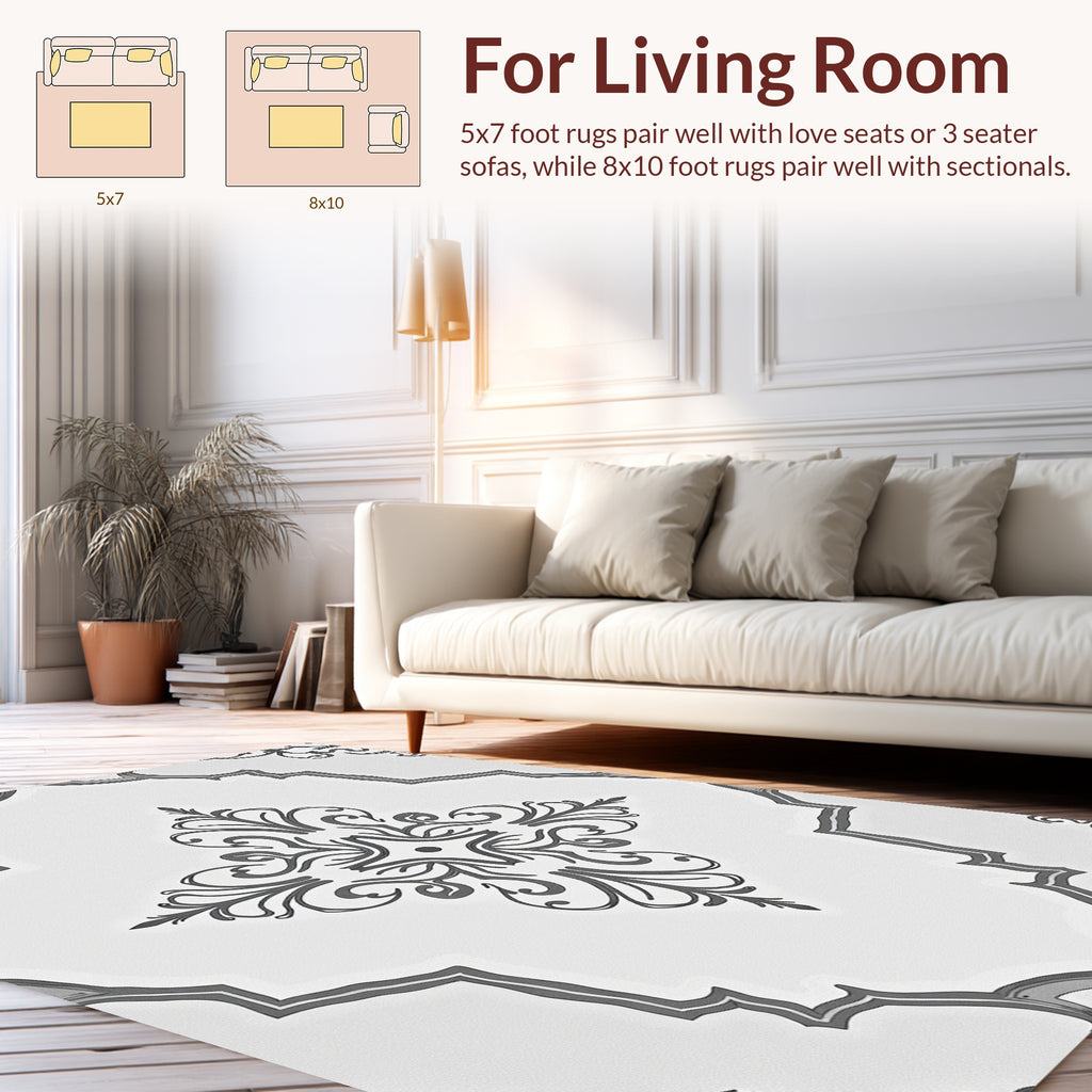 Ornate Scrollwork Grey and White Rug