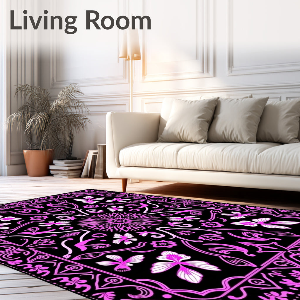 Vibrant Pink Floral Butterfly Border Rug