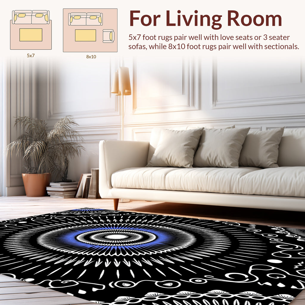 Radial Symmetry Black Blue White Design Rug