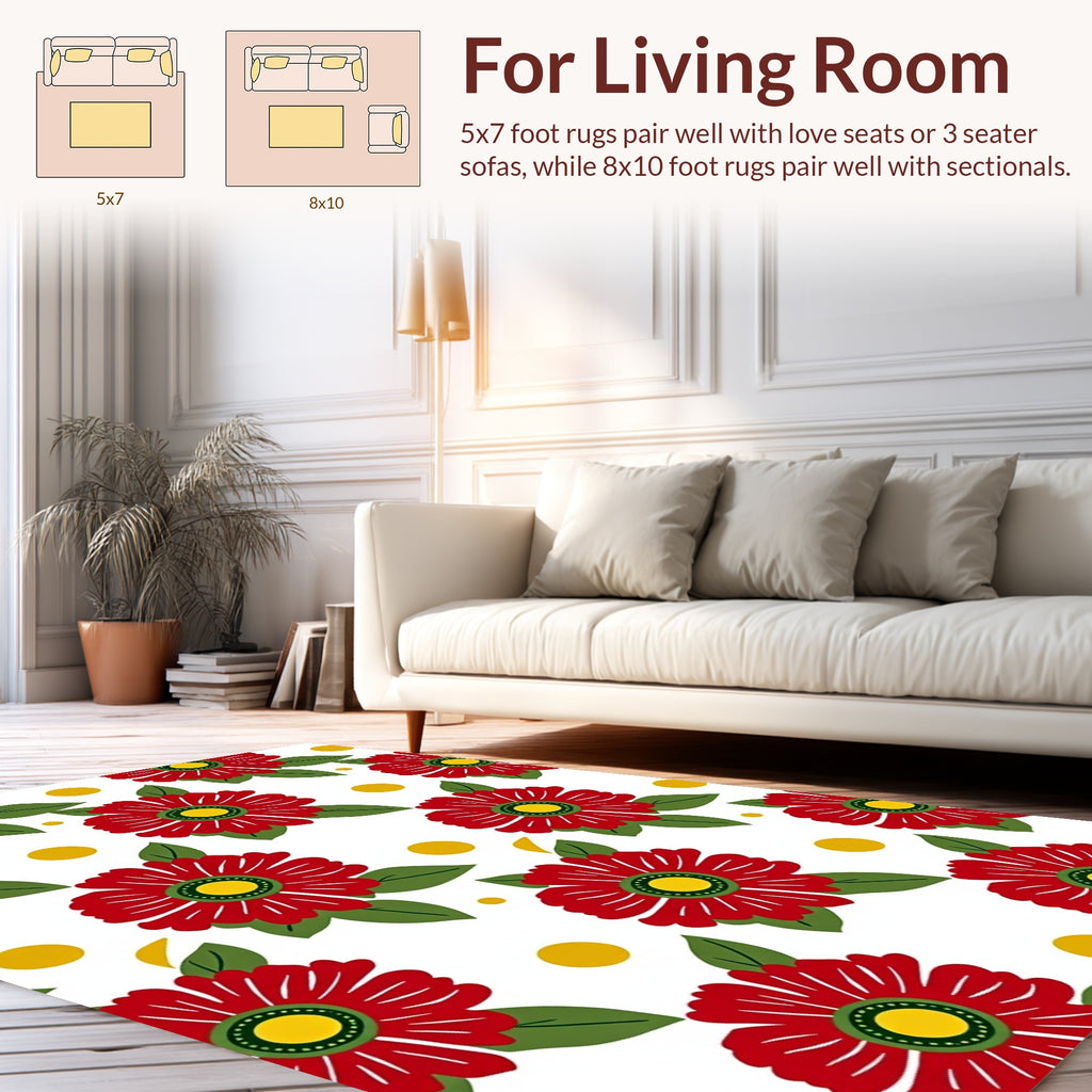 Red Flower Yellow Dot Pattern Rug