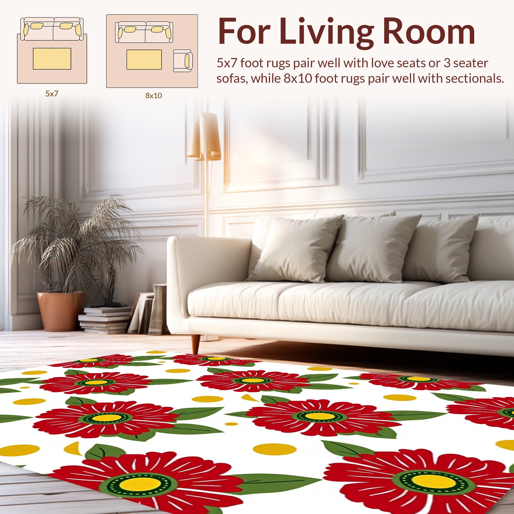 Red Flower Yellow Dot Pattern Rug