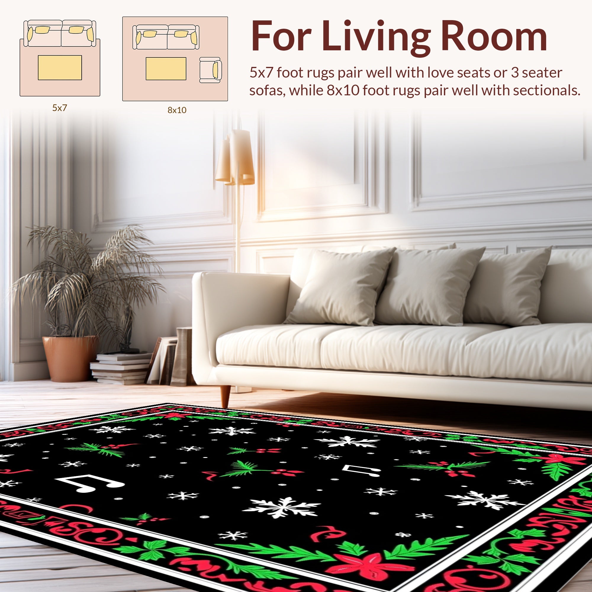 Festive Black Red Green Snowflake And Music Notes Rug