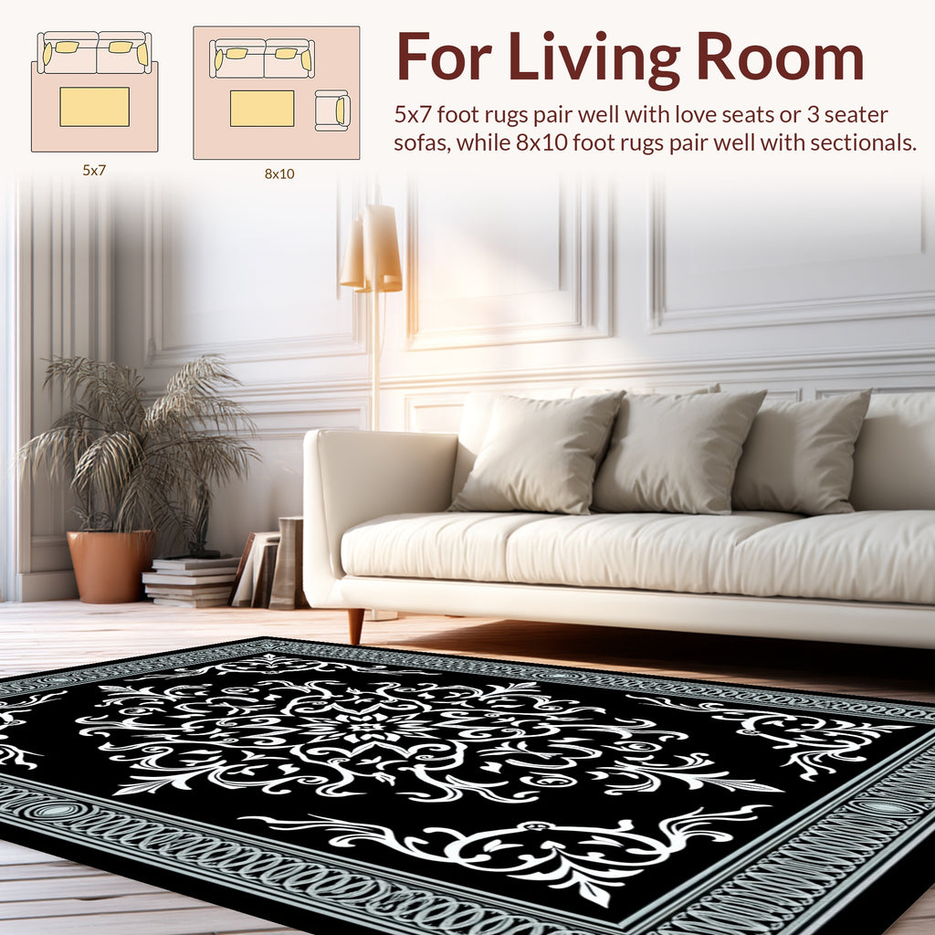 Classic Black White Floral Scroll Design Rug