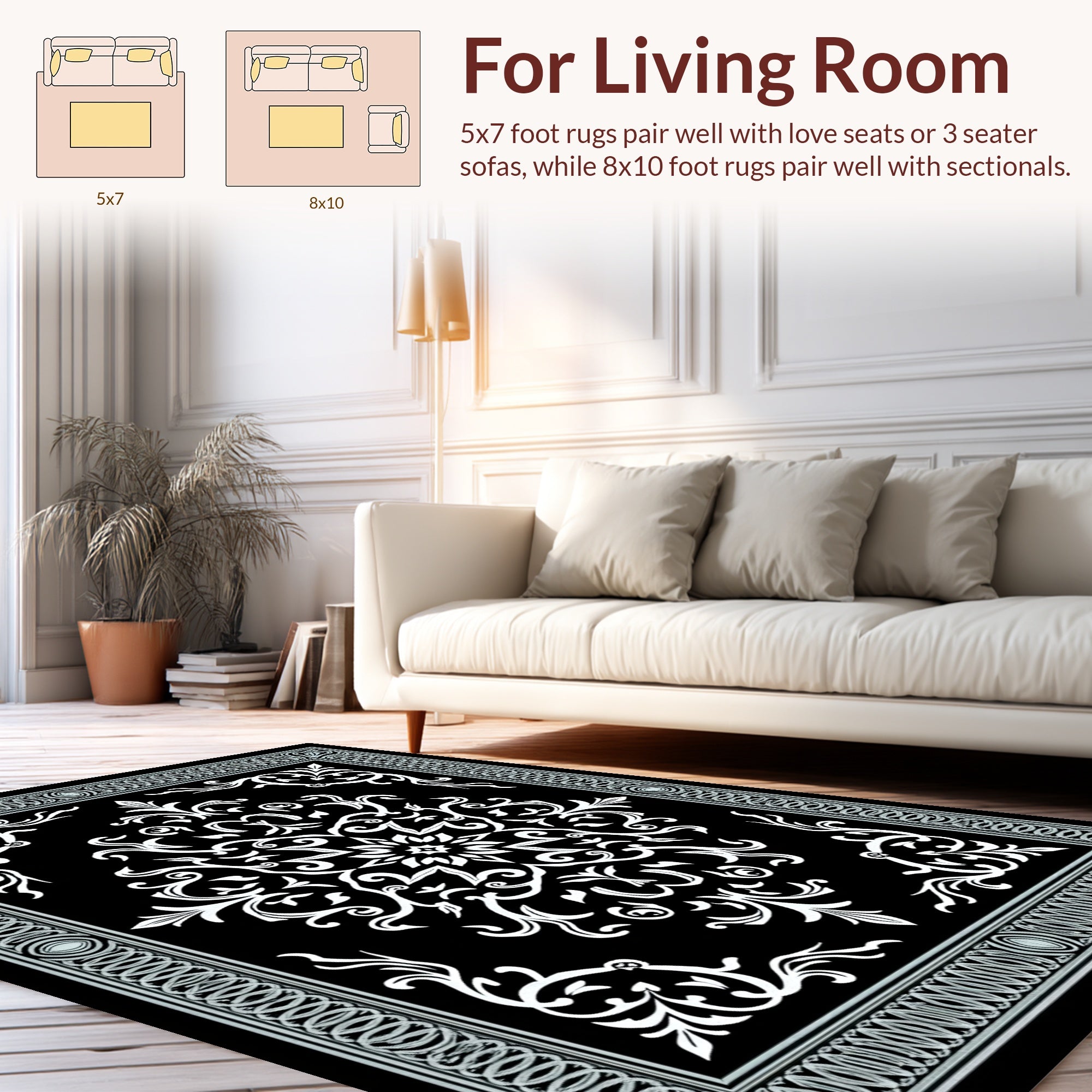 Classic Black White Floral Scroll Design Rug