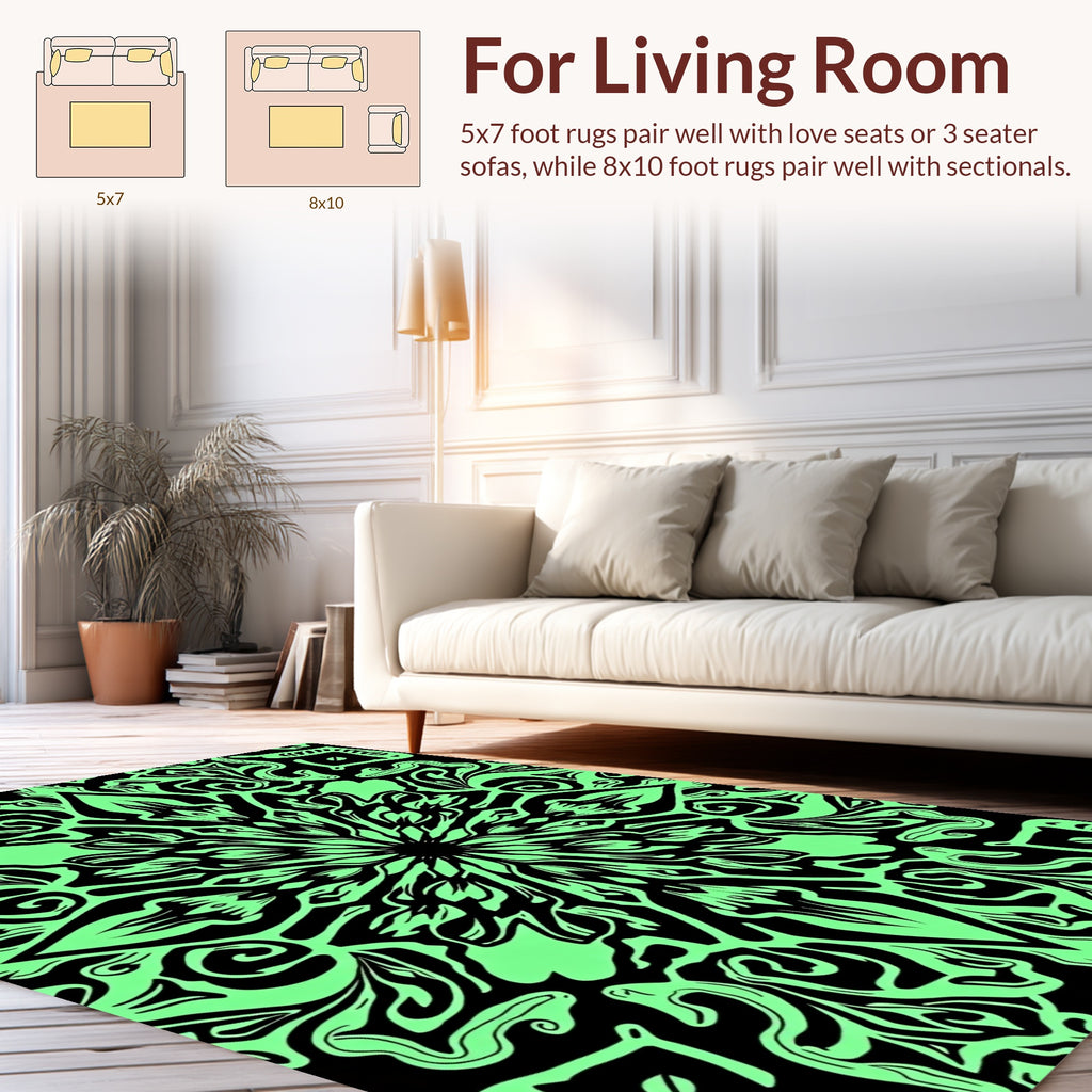 Black Neon Green Mandala Pattern Rug