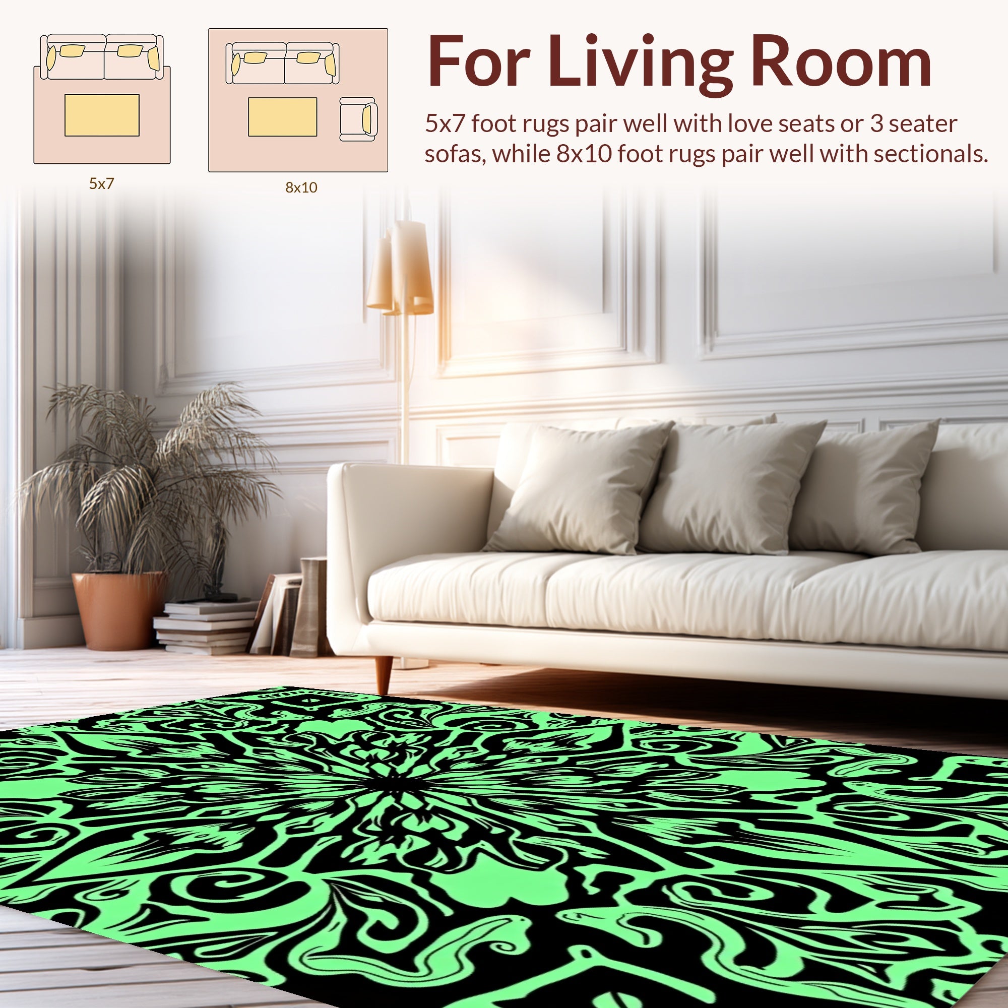 Black Neon Green Mandala Pattern Rug