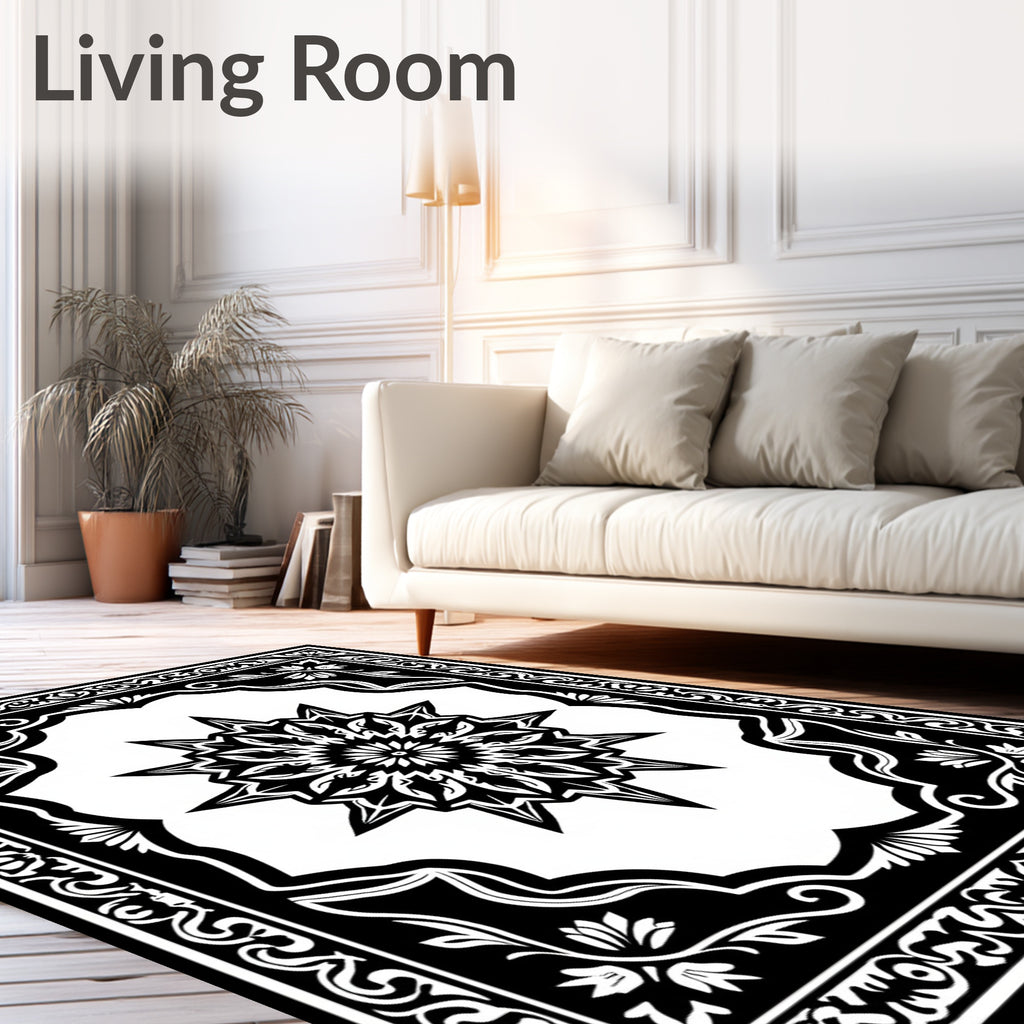 Intricate Black White Starburst Mandala Rug