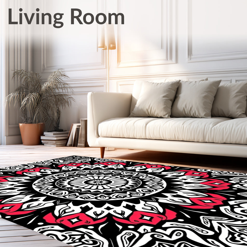 Intricate Black Red Floral Mandala Design Rug