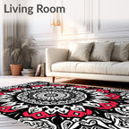 Intricate Black Red Floral Mandala Design Rug