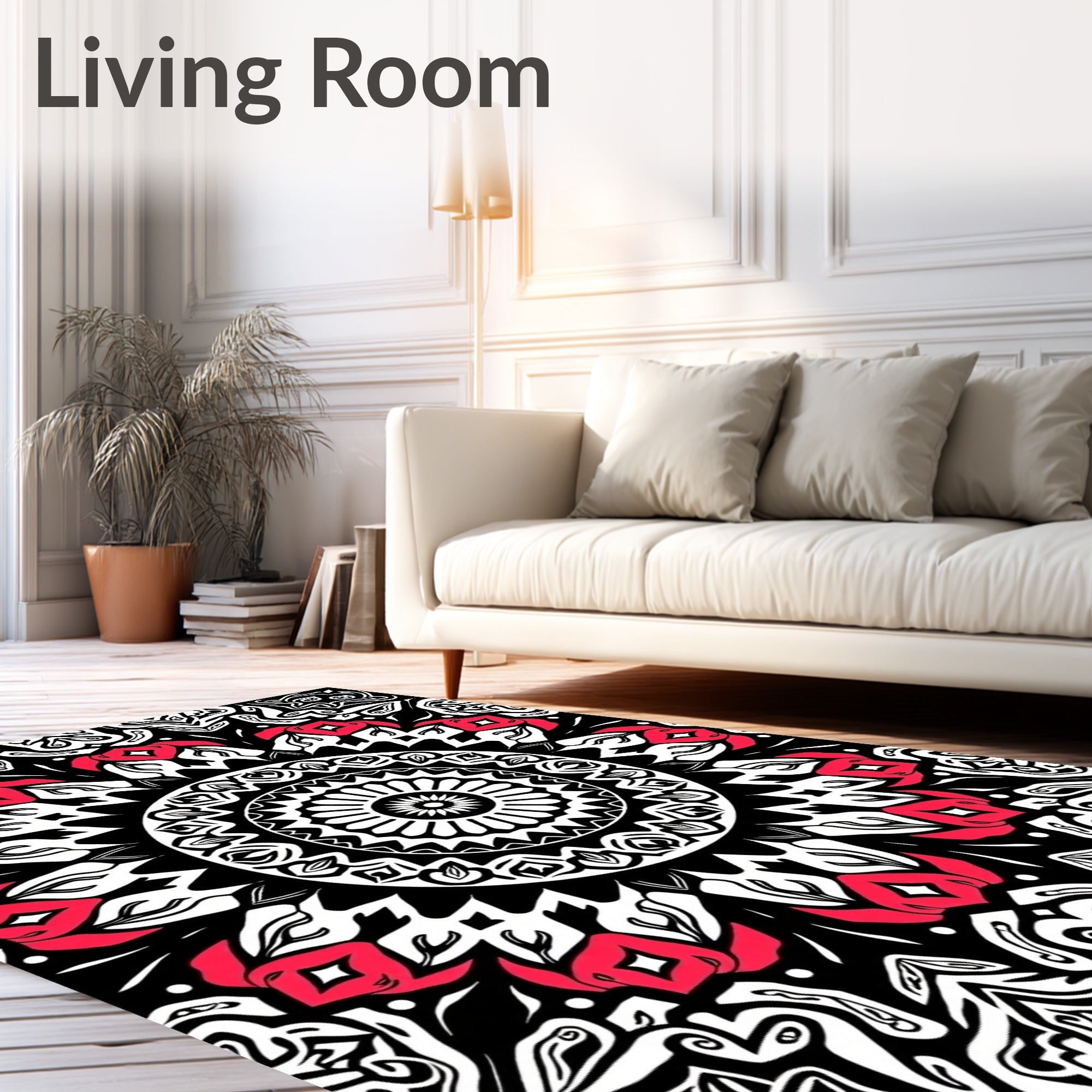 Intricate Black Red Floral Mandala Design Rug