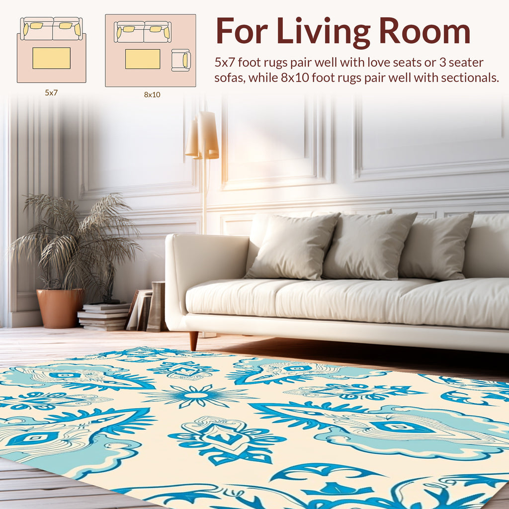 Blue Cream Stylized Floral Pattern Rug