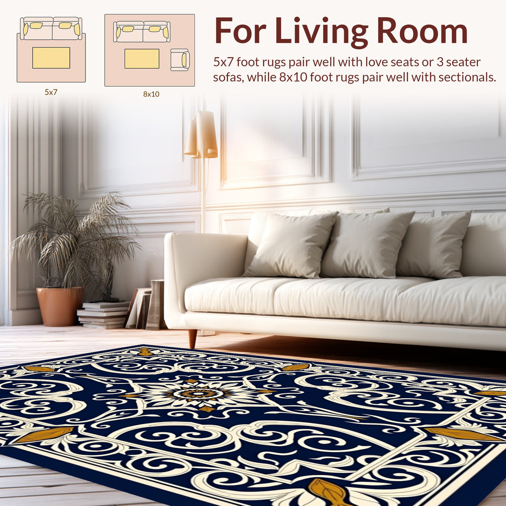 Intricate Dark Blue Floral Ornamental Design Rug