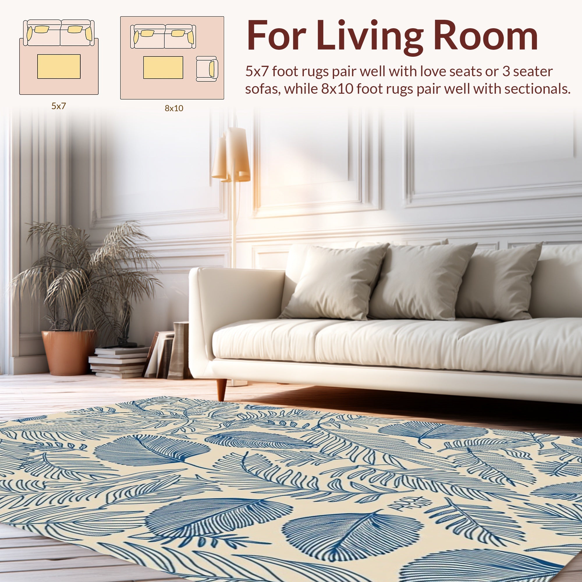 Blue Palm Leaf Pattern Rug