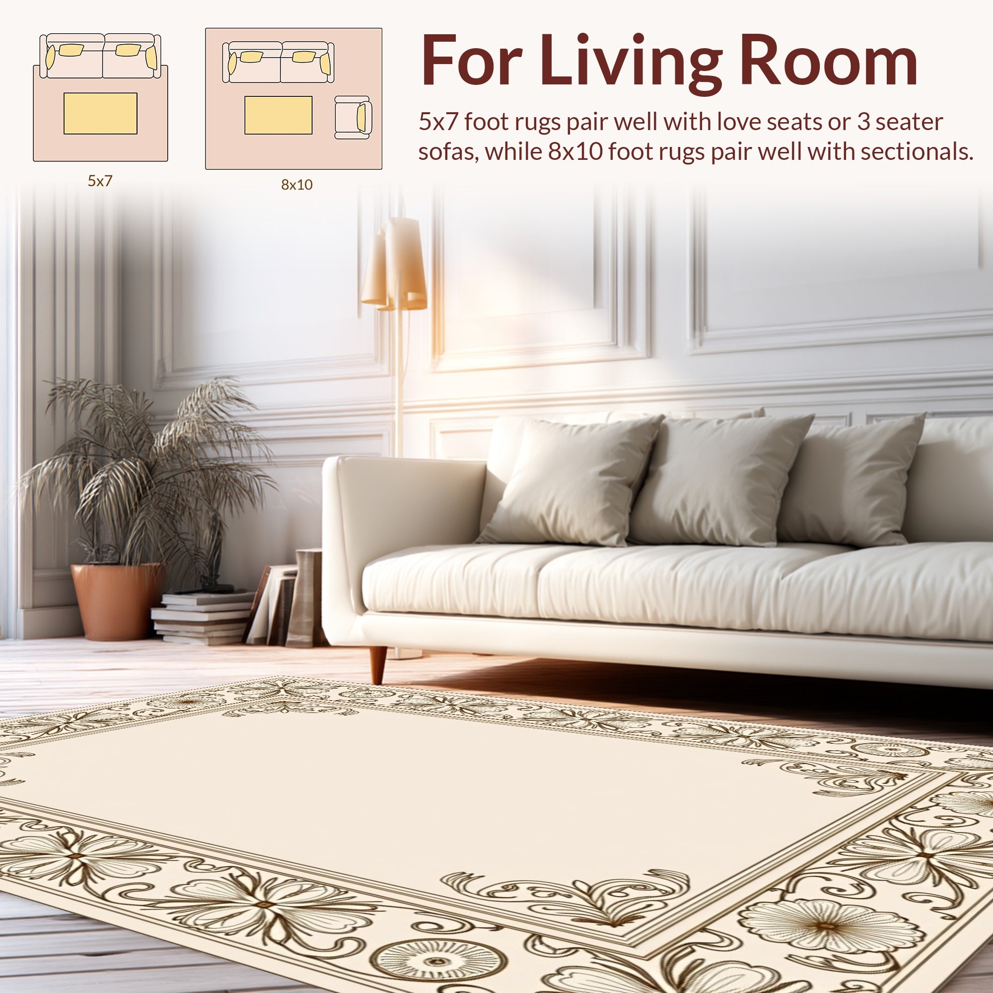 Cream Floral Scroll Border Rug