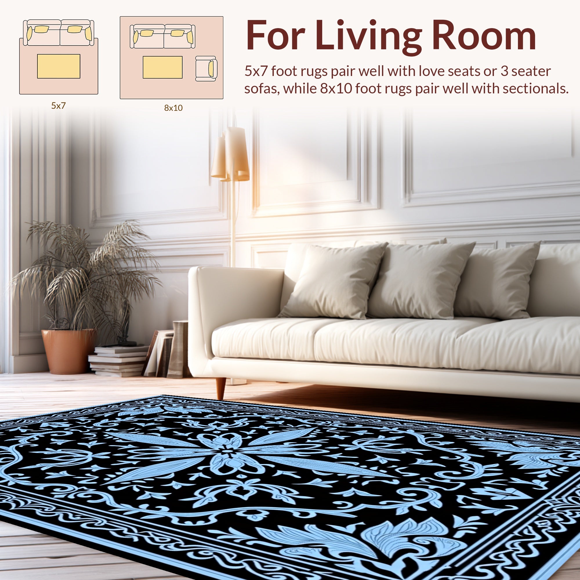 Classic Floral Scrollwork Black And Blue Rug