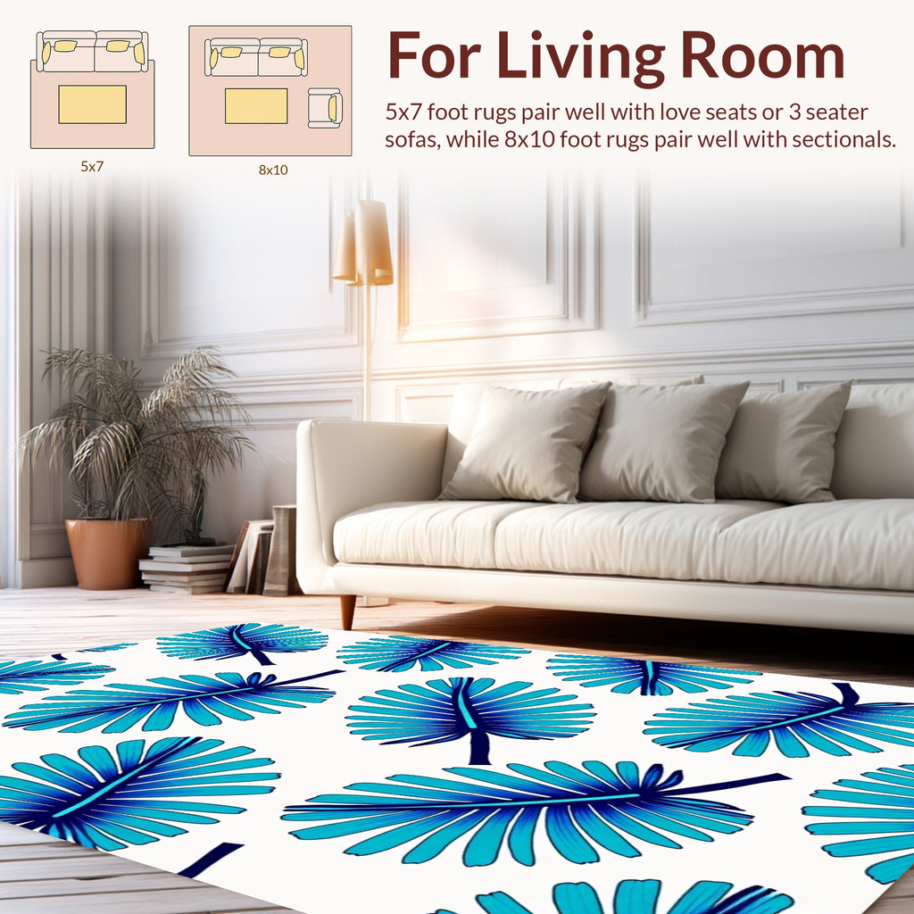 Blue Tropical Leaf Pattern Rug