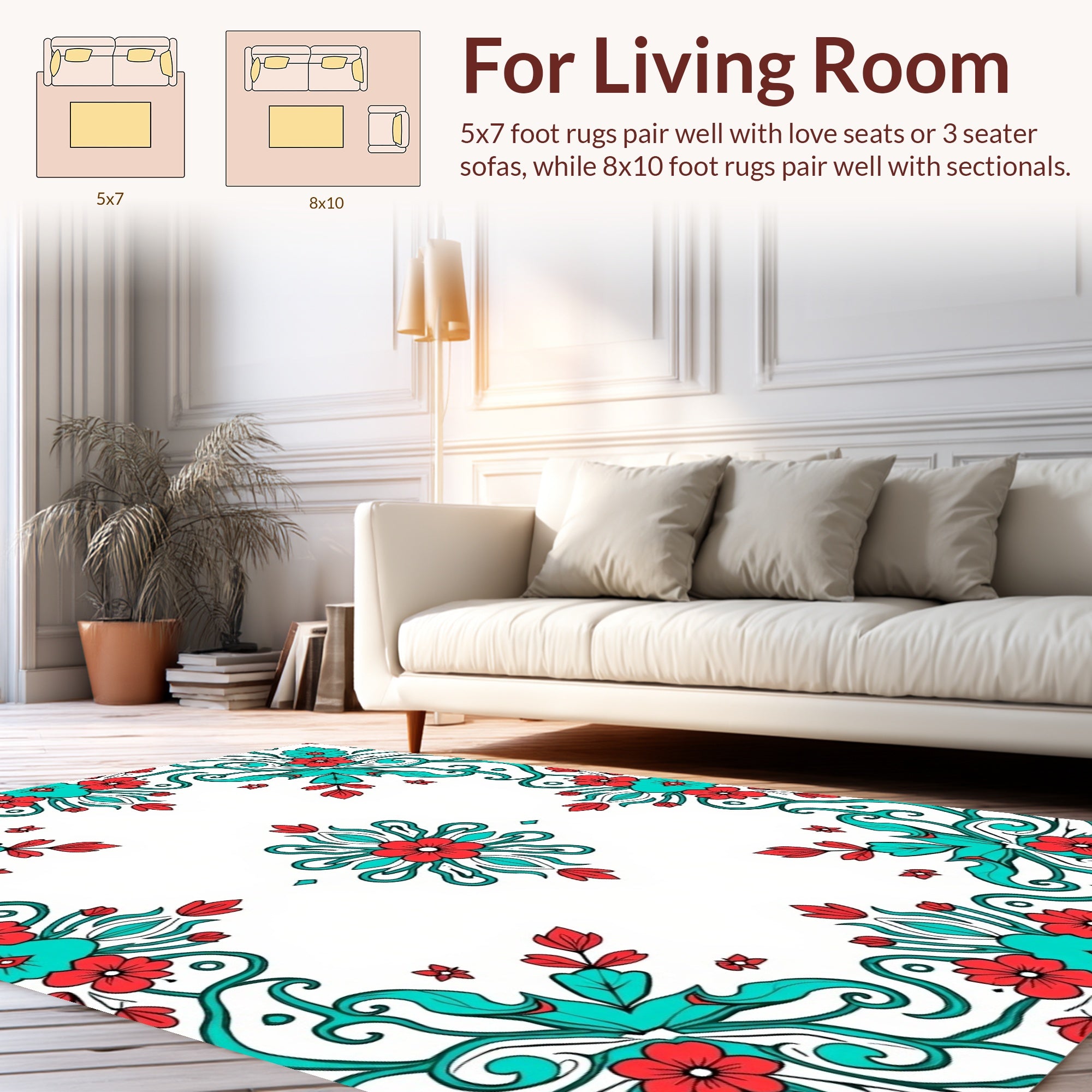Red Teal Floral Vining Pattern Rug