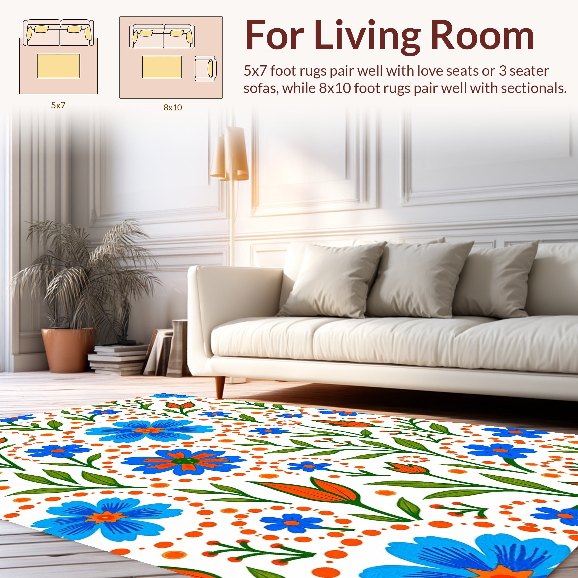 Whimsical Blue Orange Floral Pattern Rug