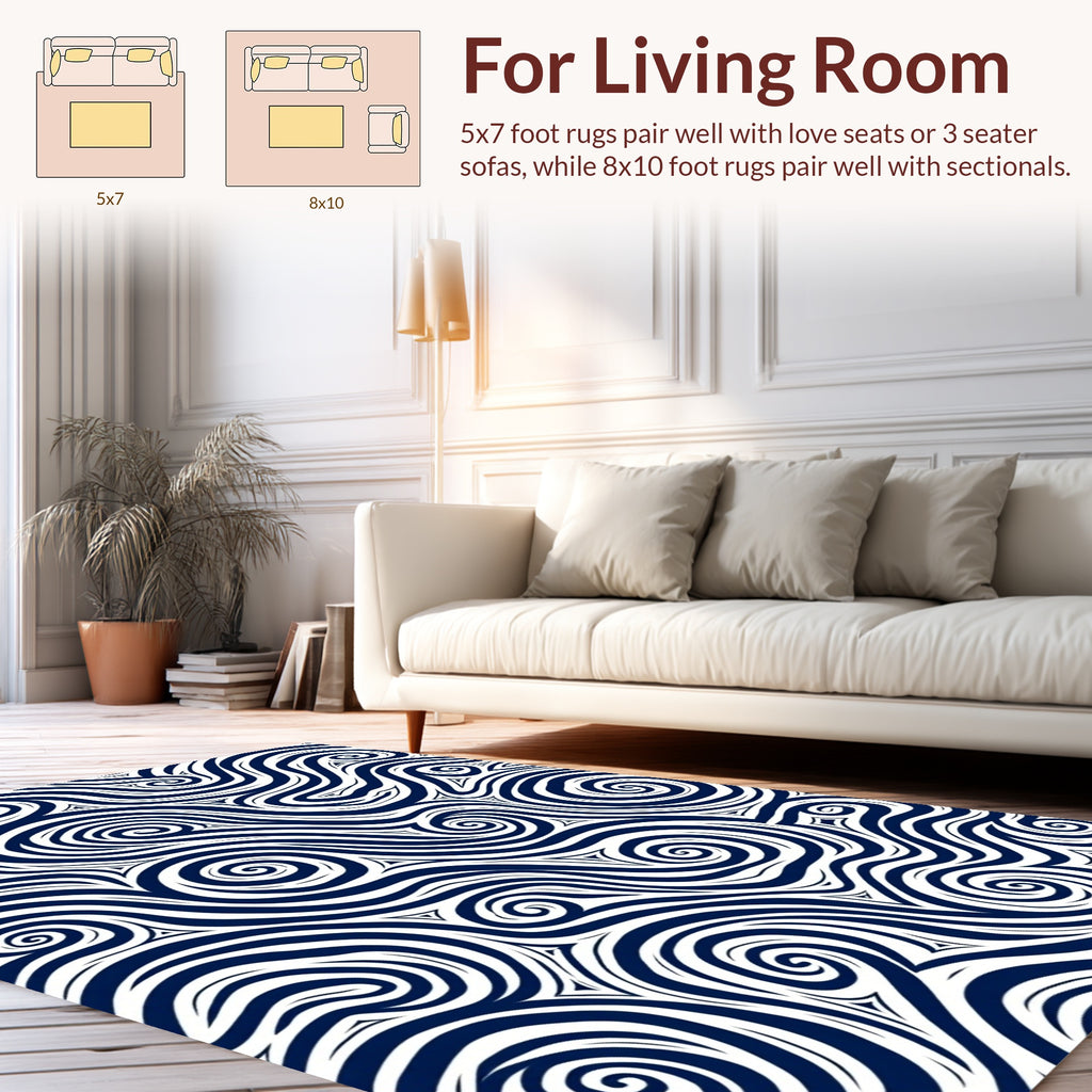 Swirl Pattern Navy White Abstract Design Rug