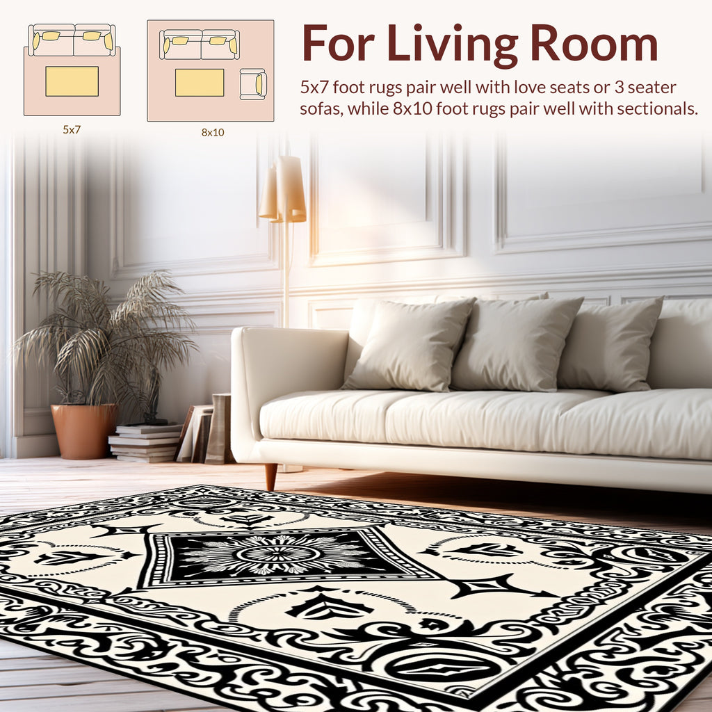 Ornate Black Cream Geometric Medallion Rug