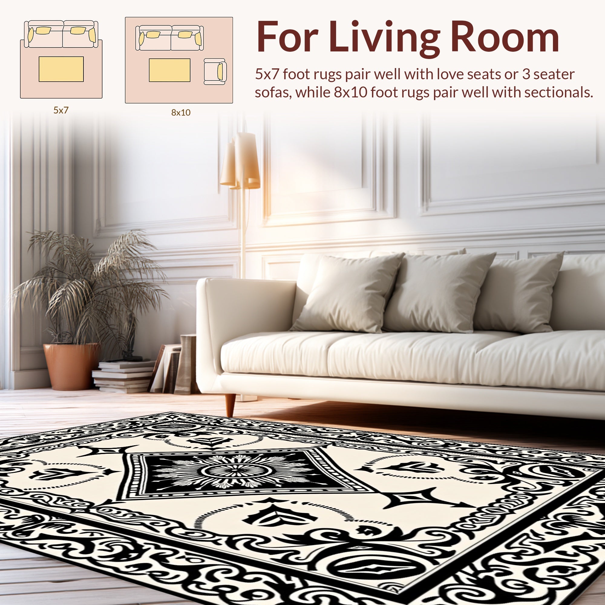 Ornate Black Cream Geometric Medallion Rug