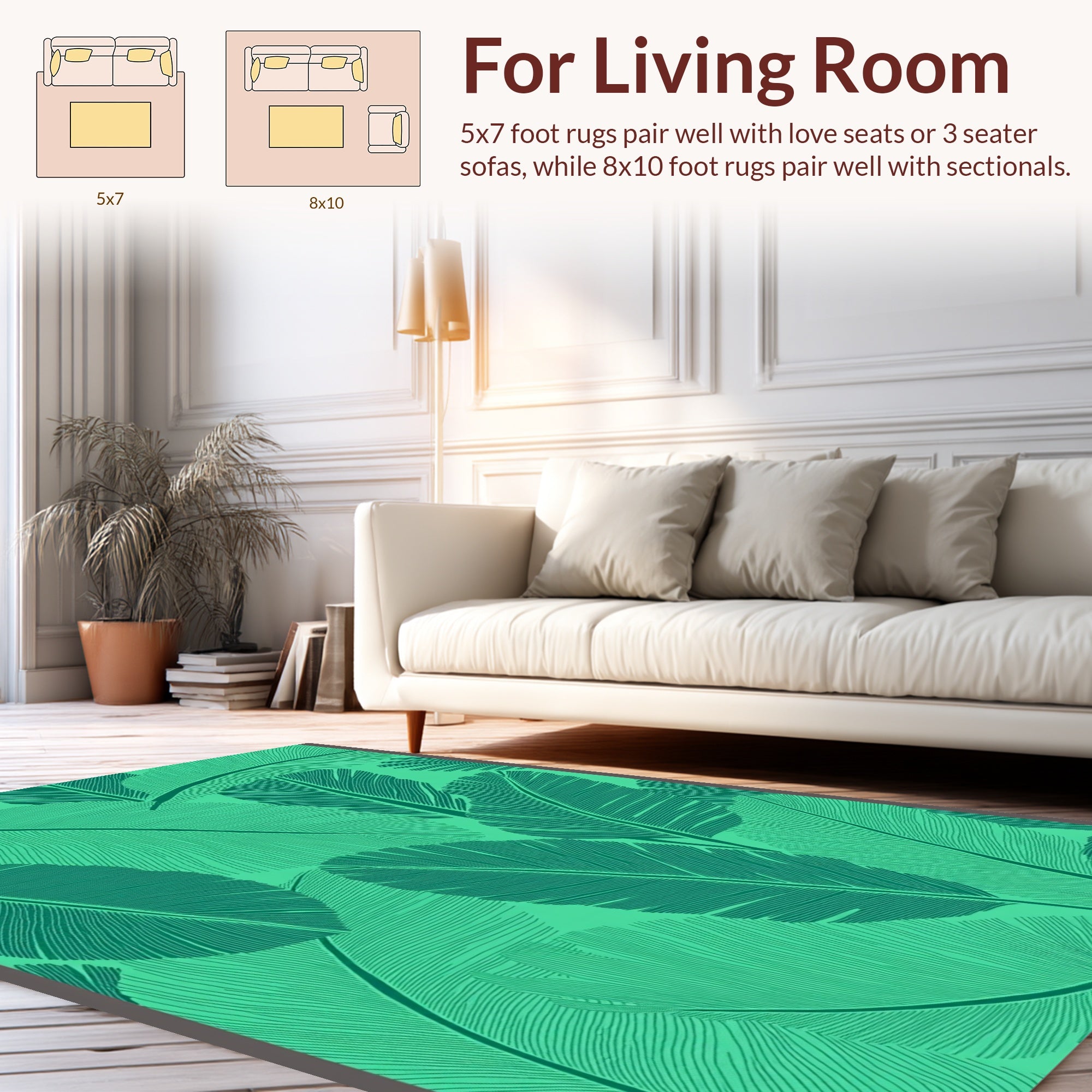 Tropical Leaf Patterned Emerald Design Rug