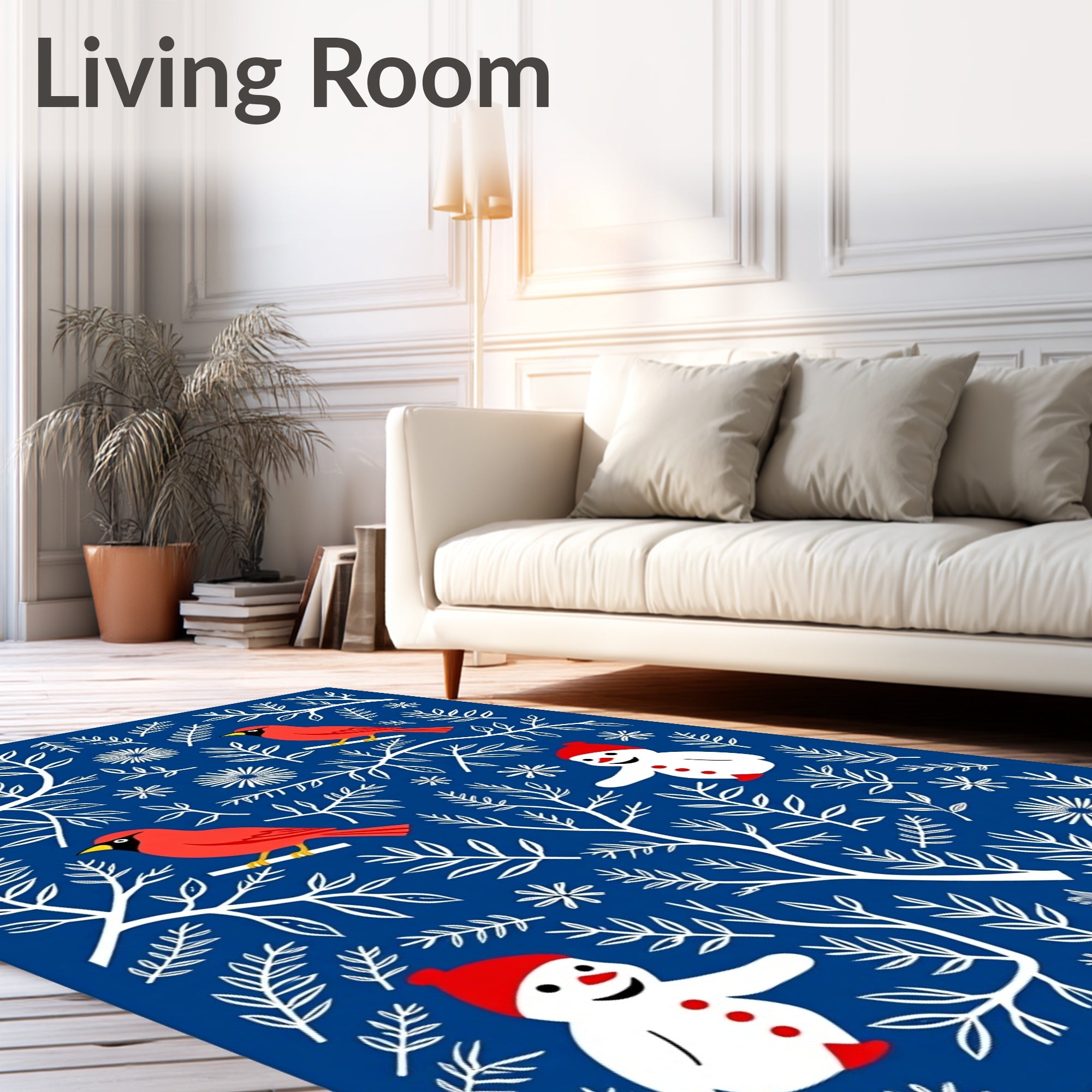 Crimson Cardinals Snowman Winter Branches Rug