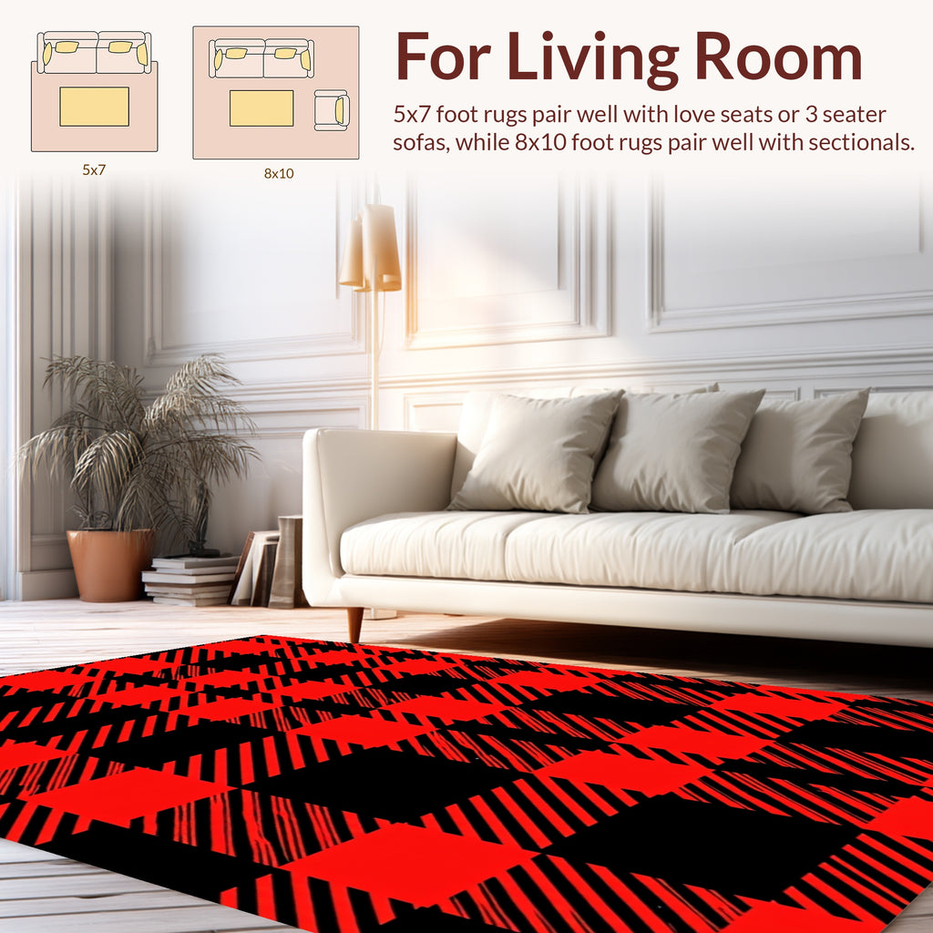 Bold Red Black Plaid Pattern Rug