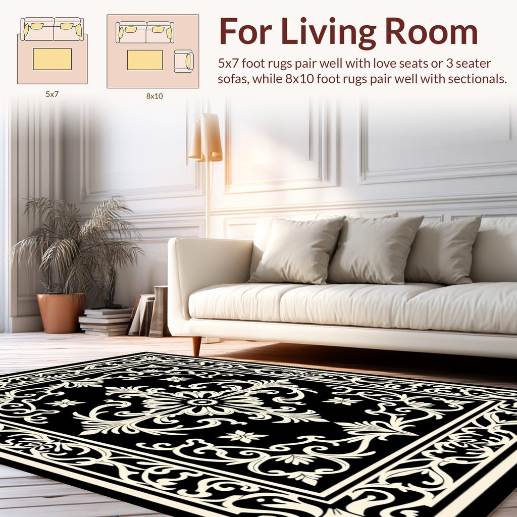 Ornate Black Cream Floral Medallion Design Rug