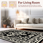 Ornate Black Cream Floral Medallion Design Rug