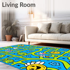 Whimsical Blue Green Smiley Face Garden Rug