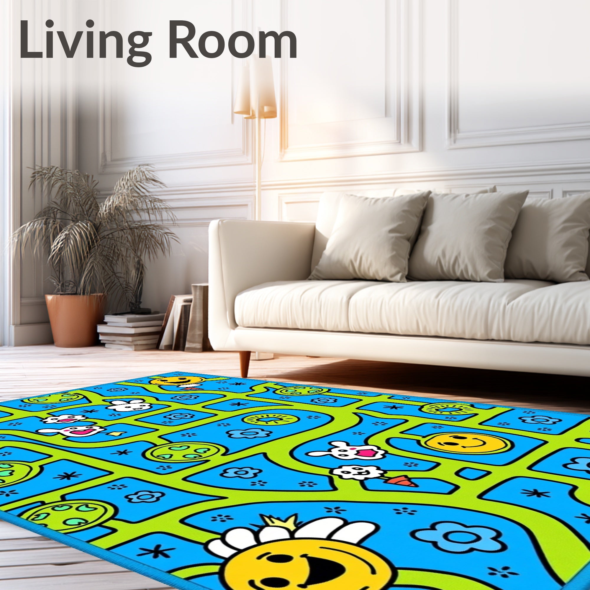 Whimsical Blue Green Smiley Face Garden Rug