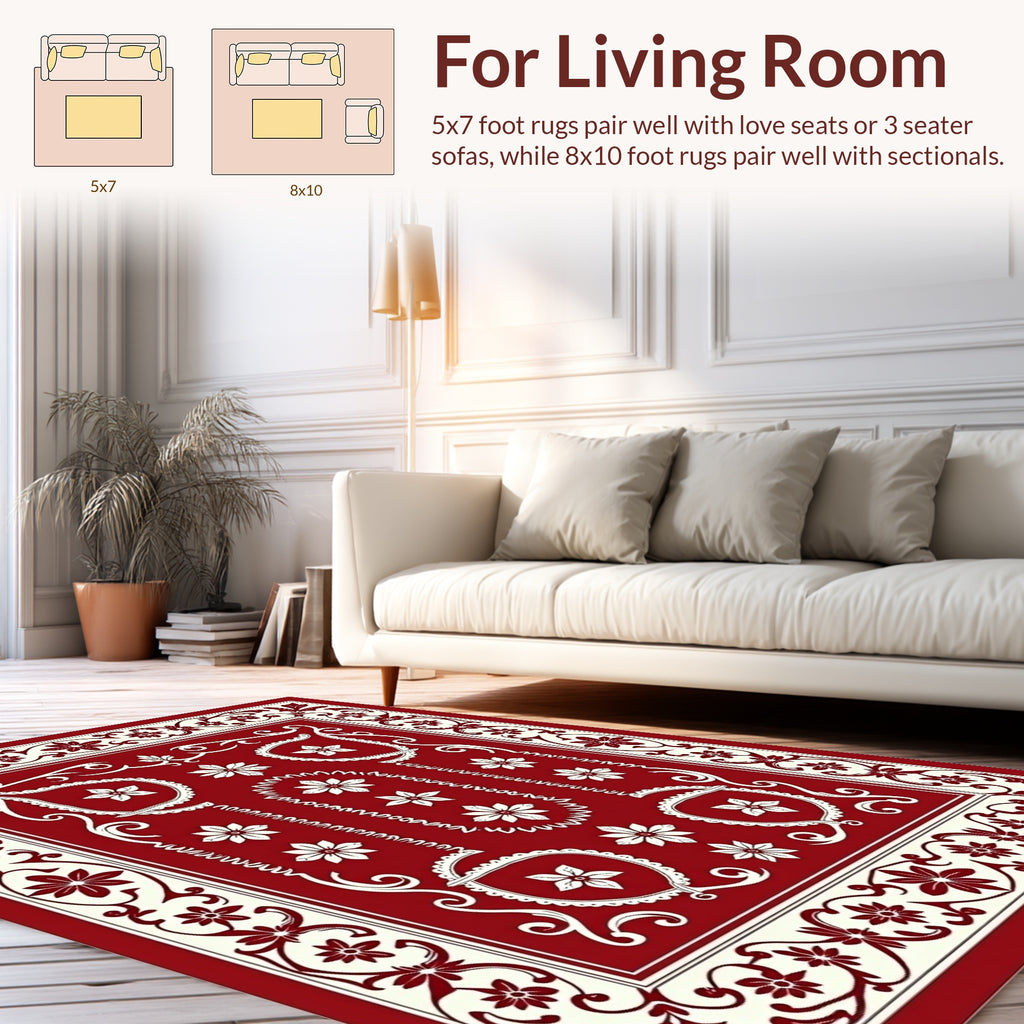 Classic Floral Border Red Cream Rug
