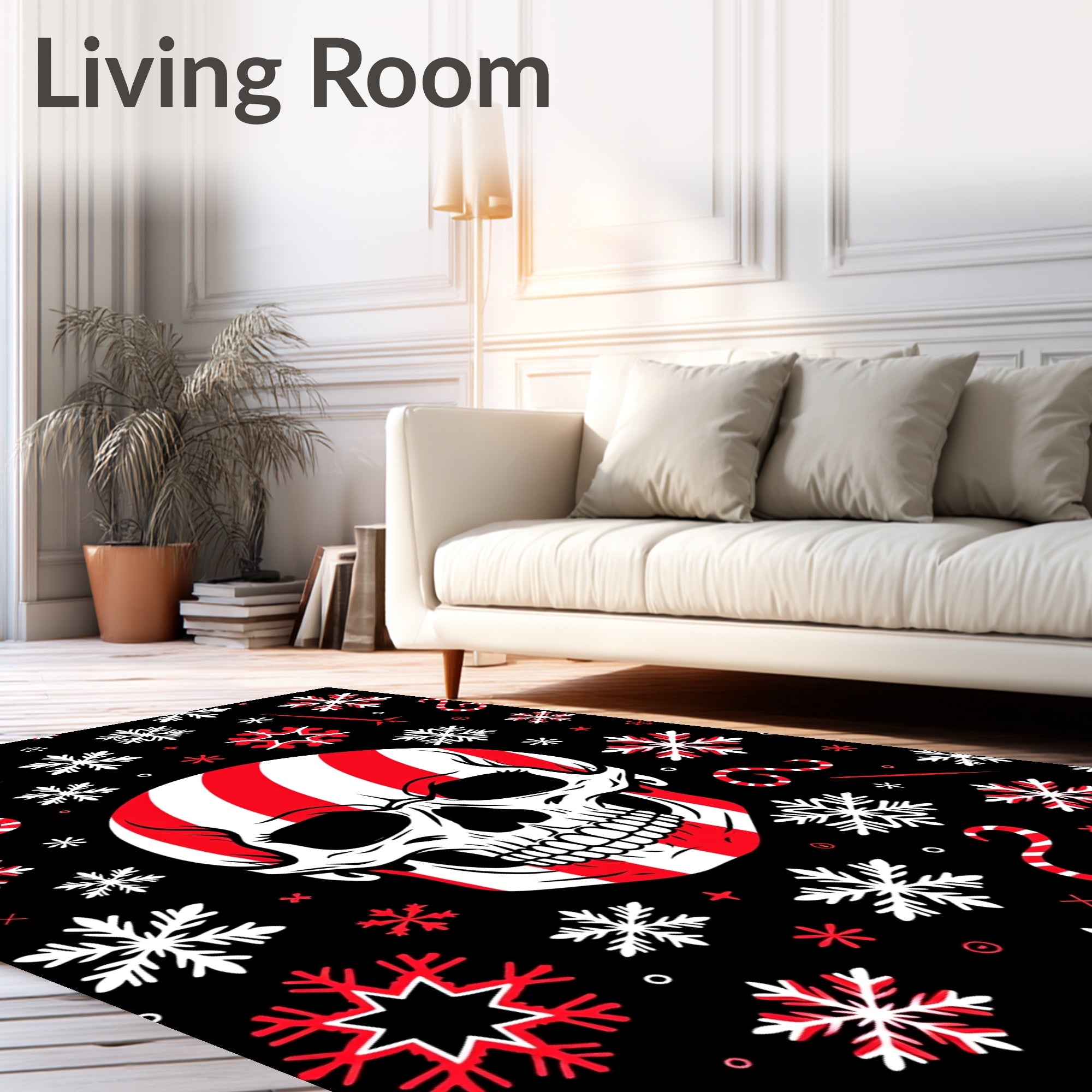 Stripped Skull with Red Snowflakes Rug