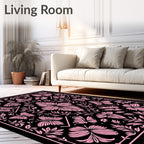 Pink Butterfly Floral Black Rug