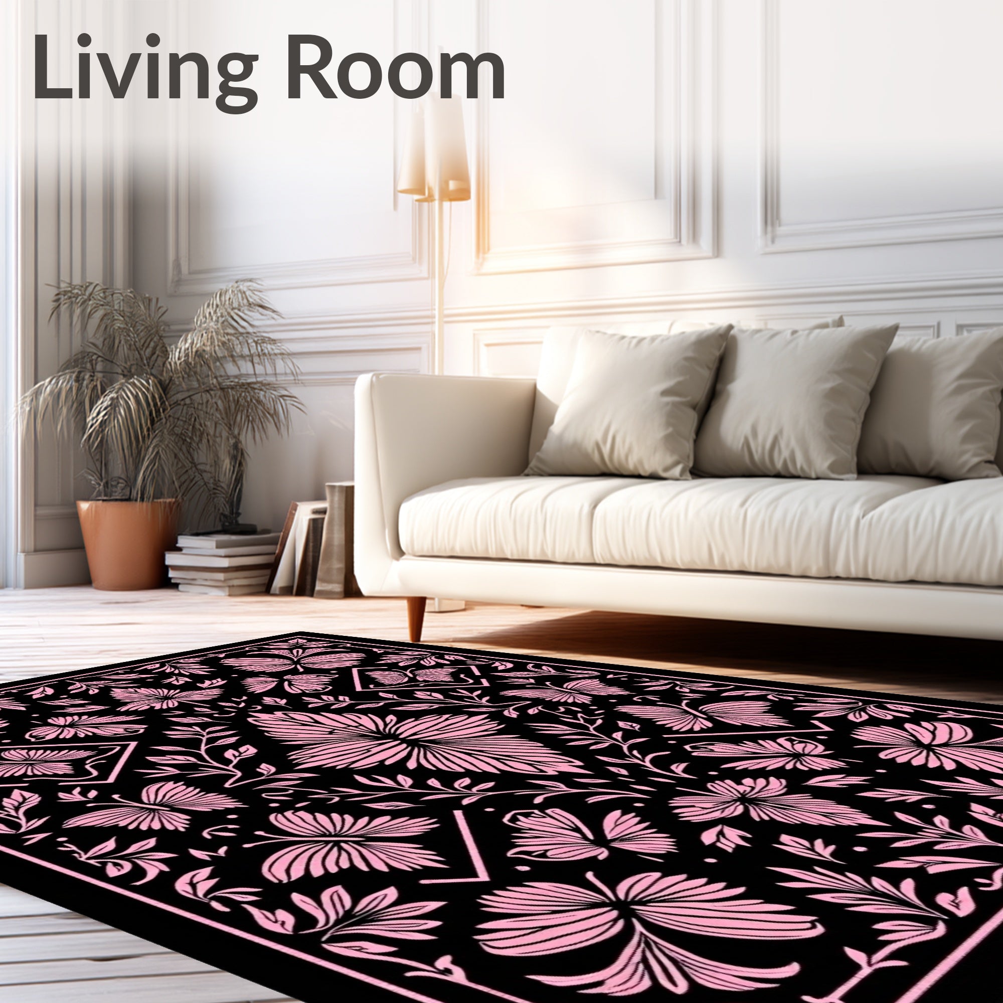 Pink Butterfly Floral Black Rug