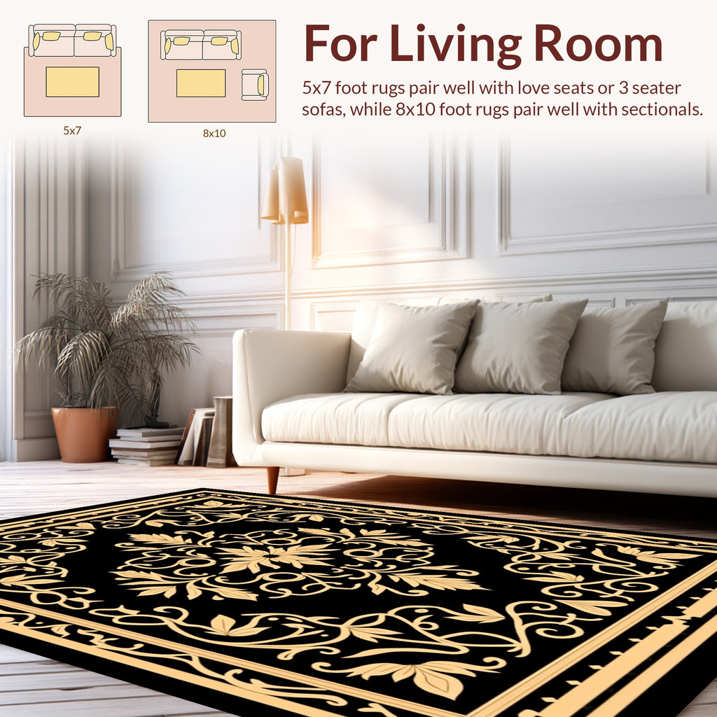 Golden Floral Scrollwork Art Rug