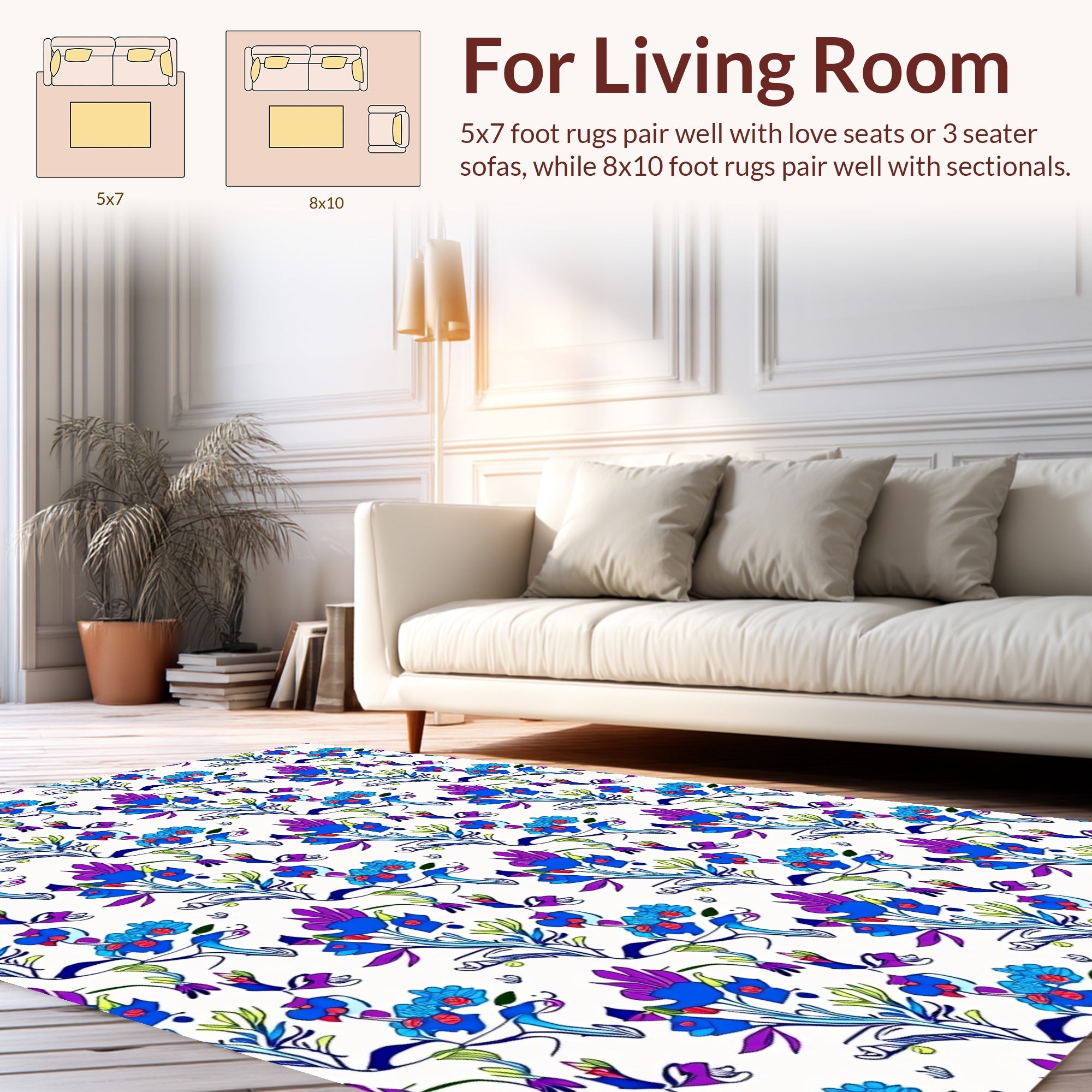 Vibrant Blue Purple Floral Pattern Rug