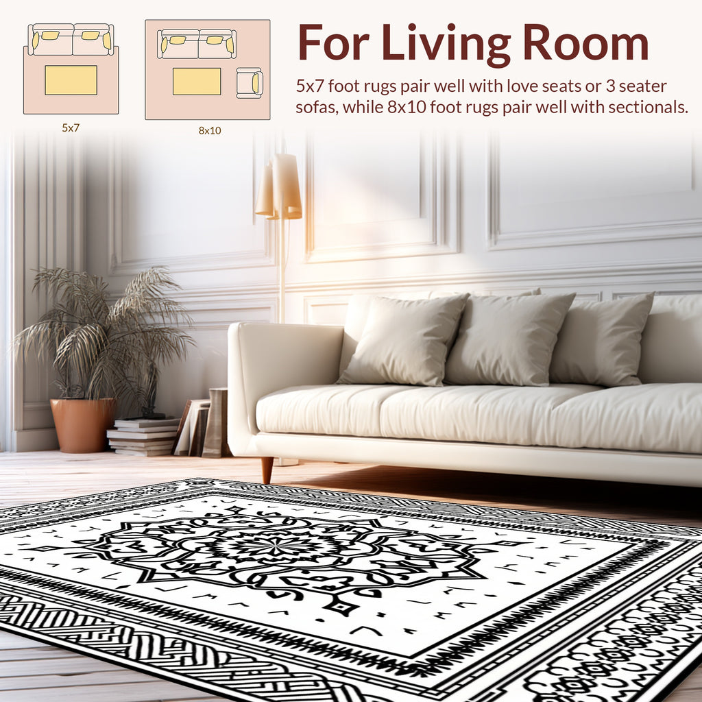 Black White Ornate Mandala Pattern Rug