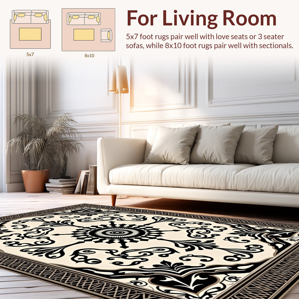 Ornate Black and Cream Scroll Pattern Rug
