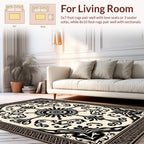 Ornate Black and Cream Scroll Pattern Rug