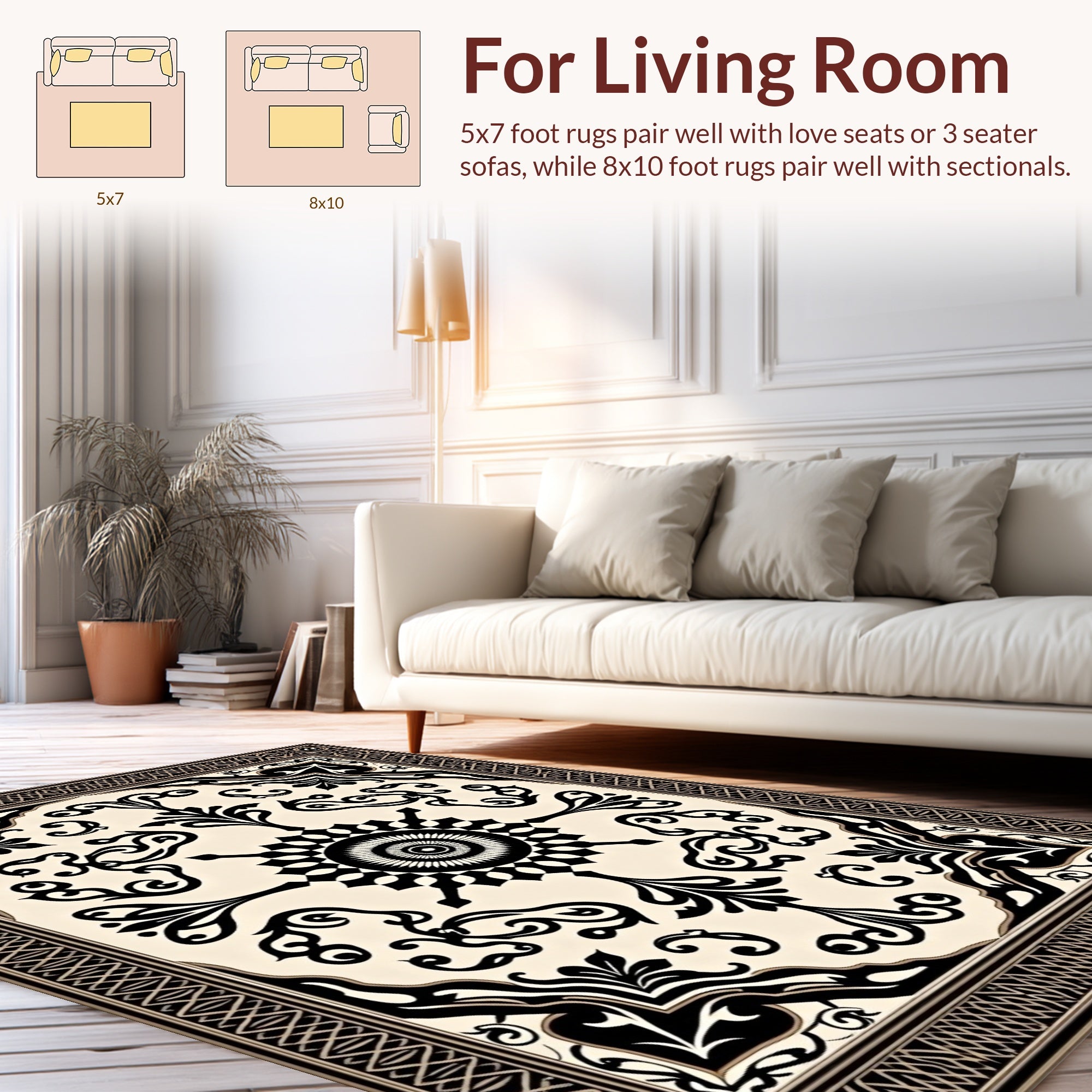 Ornate Black and Cream Scroll Pattern Rug