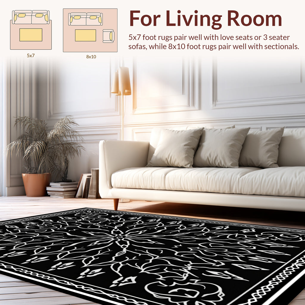 Ornate Black White Floral Vine Rug