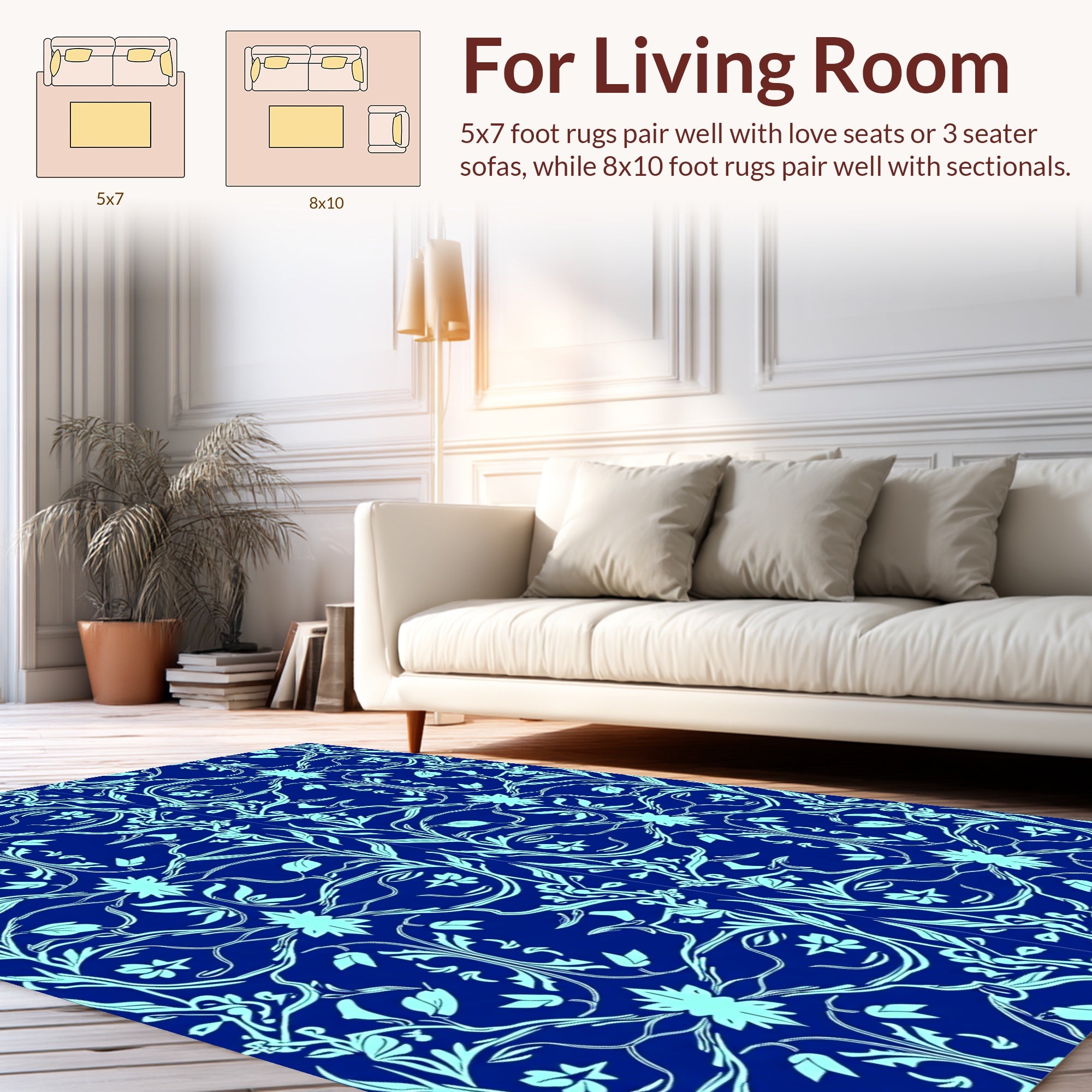 Ornate Blue Floral Scroll Pattern Rug