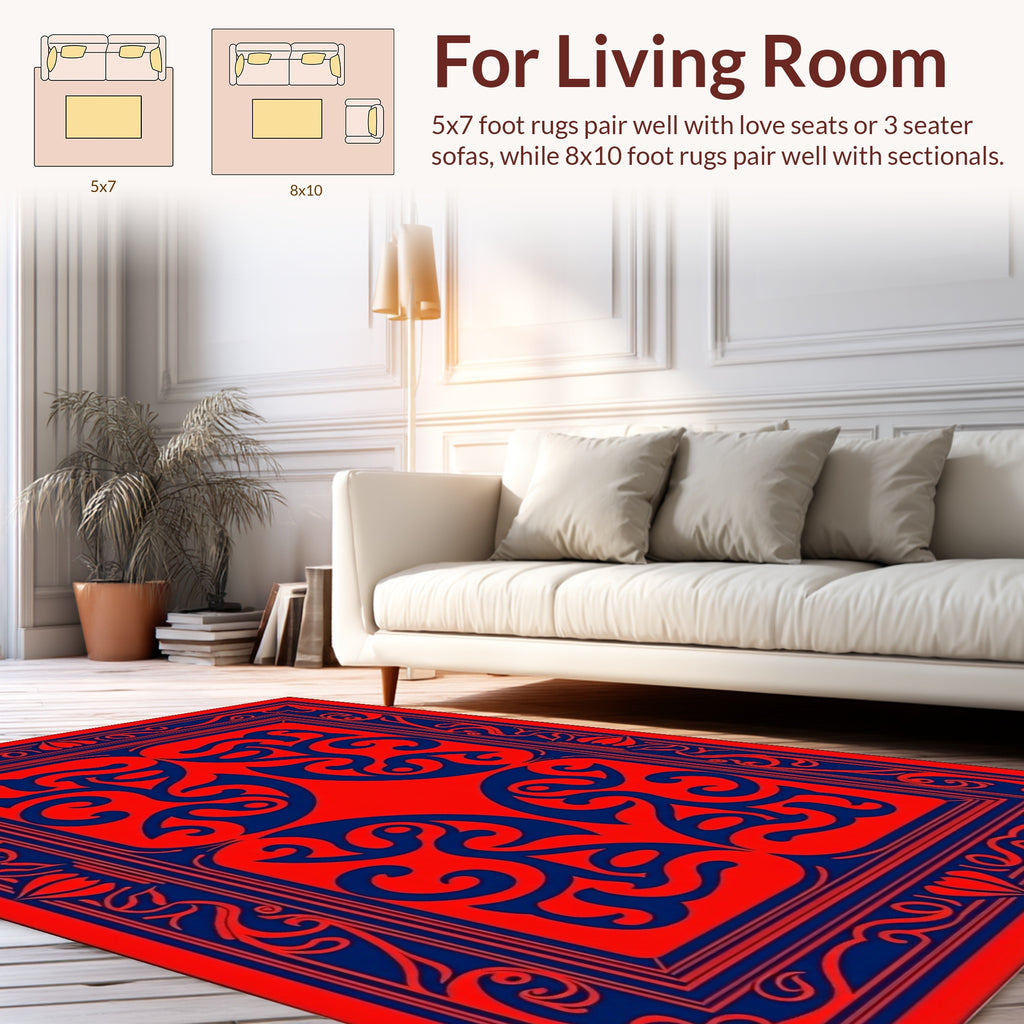 Red Blue Ornate Scrollwork Rug