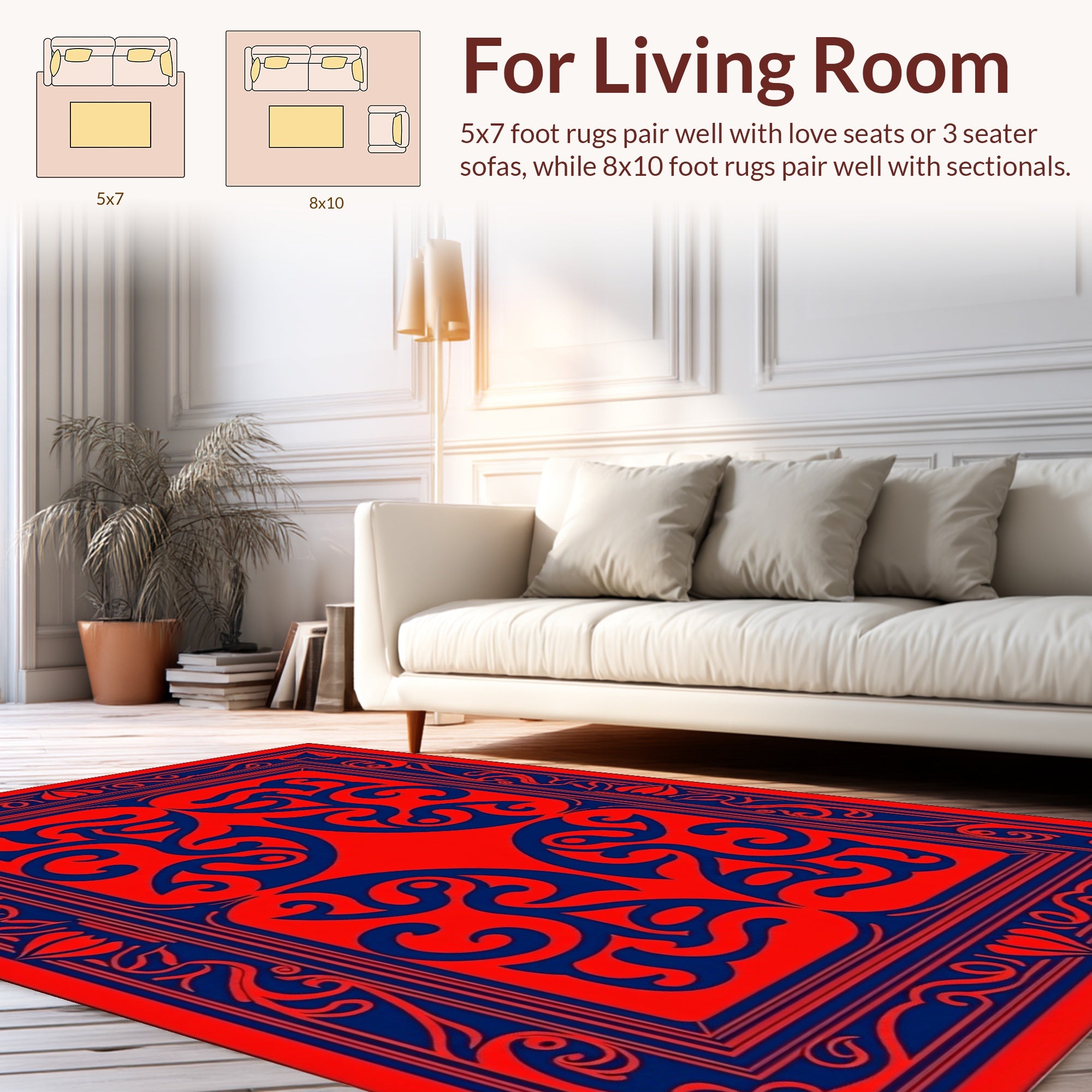Red Blue Ornate Scrollwork Rug