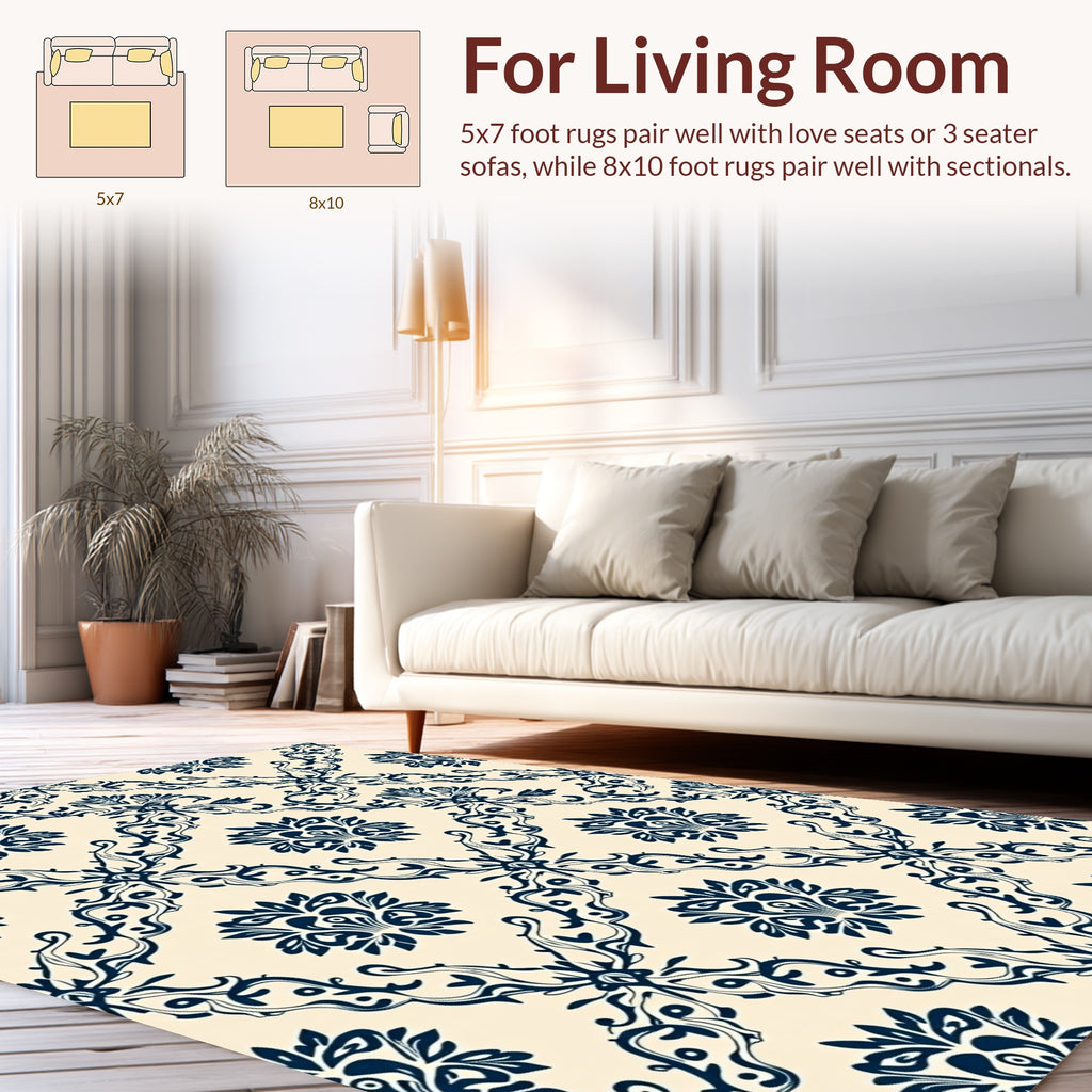 Classic Navy Floral Damask Rug