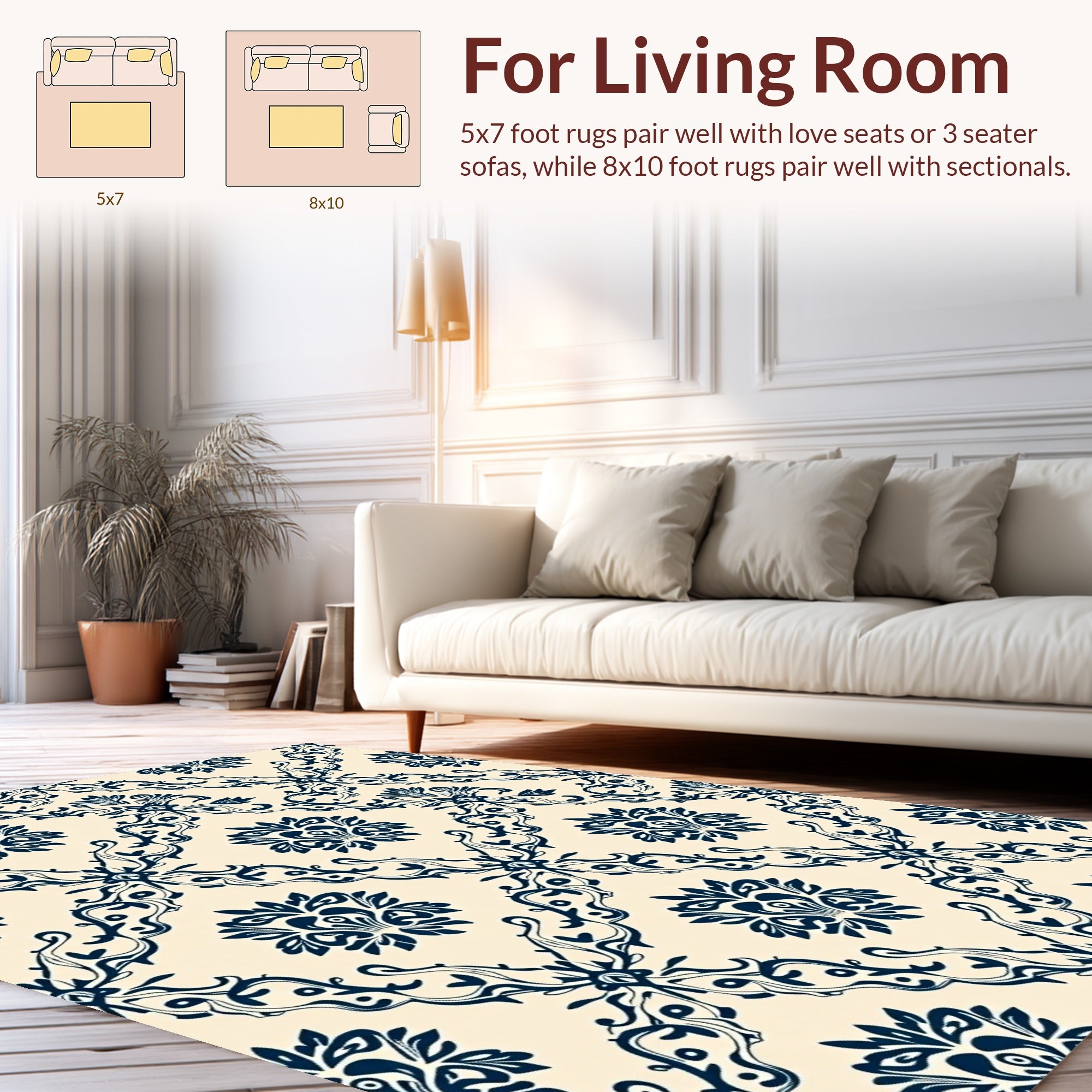 Classic Navy Floral Damask Rug
